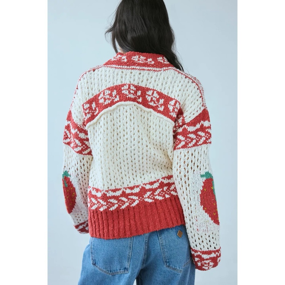 POL Cream Red Fair Isle Button Front Sweater Cardigan Strawberry Elbow Knit - Picture 7 of 9